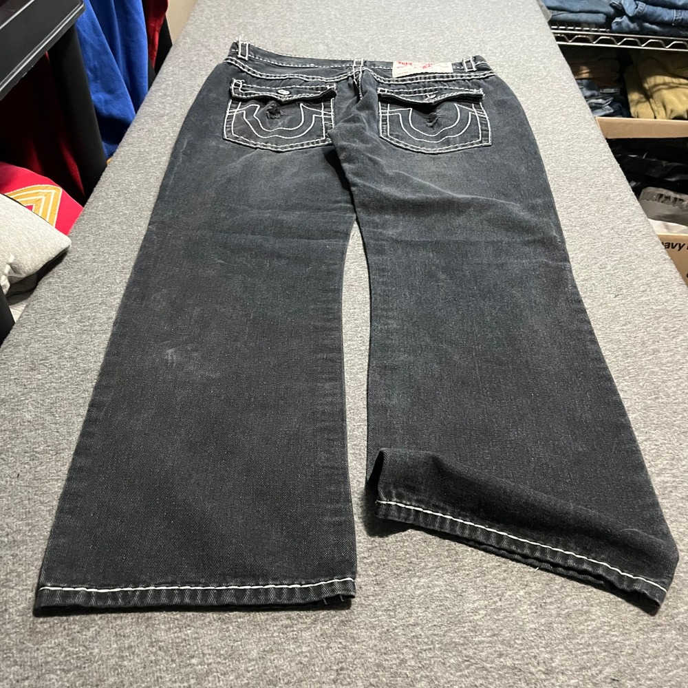 True Religion Joey Super T Mens 40x32 Black Flared Contrast Stitch Jeans